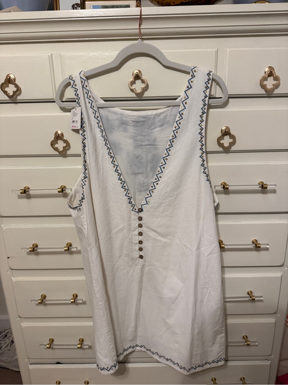 NWT Free People Samson Mini Sleeveless Cream Shift Dress with Blue Embroidery - Picture 3 of 4